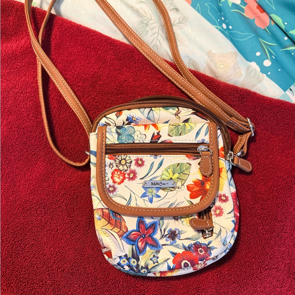 Floral Crossbody Bag with Brown Trim